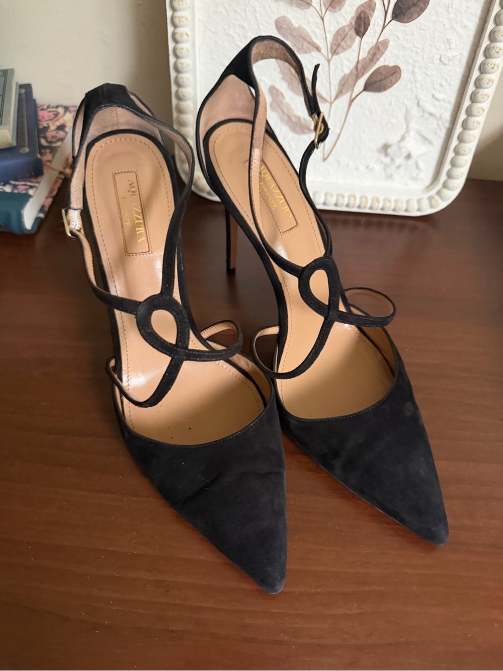 Aquazzura Black Suede Pointed Stiletto Heels with Loop Strap